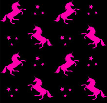 Vector Seamless Pattern Of Neon Pink Unicorn Silhouette With Stars Isolated On Black Background 