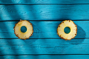 Wall Mural - Fresh summer fruit on blue wooden desk and summer time 