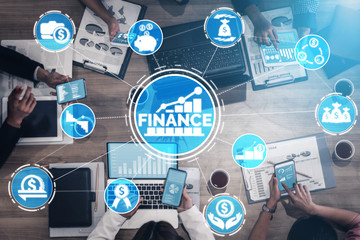 Finance and Money Transaction Technology Concept. Icon Graphic interface showing fintech trade exchange, profit statistics analysis and market analyst service in modern computer application.