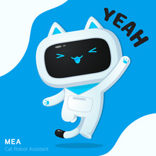 Cute Cat Robot Assistant Character In Cheerful Action Use For Illustrations