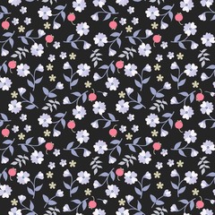 Wall Mural - Seamless floral ditsy pattern in country style. Small berries, flowers and leaves isolated on black background. Motley natural ornament.