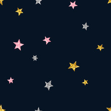 Glittering Stars Seamless Pattern. Colorful Sparkling Constellation On Black Background. Shiny Pink, Golden, Silver Star Symbols. Minimalist Wallpaper, Wrapping Paper, Textile Print