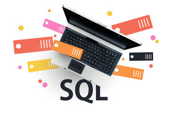 Wall Mural - sql programming language. laptop on word sql. structured query language