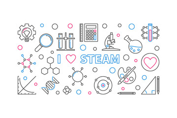 I Love STEAM vector creative horizontal banner or illustration in thin line style