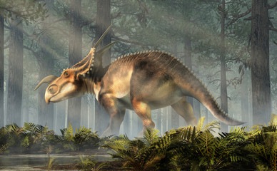 Aufkleber - An Einiosaurus in a deep forest among ferns. Einiosaurus was a ceratopsian dinosaur, like the triceratops, from the Cretaceous period. 3D Rendering