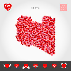 I Love Libya. Red and Pink Hearts Pattern Vector Map of Libya Isolated on Grey Background. Love Icon Set.