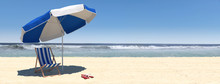 Summer Beach Scene With Sunbed And Sea With Waves