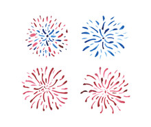 Set Of Blue And Red Fireworks Isolated On White Background, Painted In Watercolor. Elements For Composition On The Patriotic Theme: Independence Day, Flag Day Of The US 