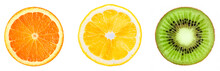 Orange, Lemon, Kiwi Slices Isolated On White. Set Pieces Of Fruits