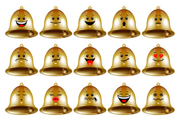 Wall Mural - vector set of bell emoticons. collection of characters of metal gold bells with different emotions i