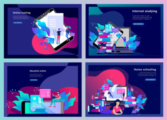 Concept Landing page template Education people, Internet studying, online training, online book, tutorials, e-learning for social media, distance education, documents, cards, posters