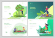 landing page template with happy Harvesting tips and gardening people doing farming job, grow garden, watering, planting, growing and transplant sprouts, lay vegetables. Cartoon character illustration