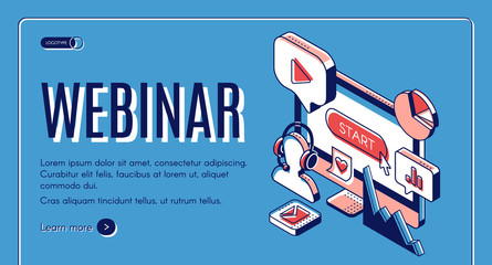 Webinar, conference, video seminar, online education banner. Interactive learning background with computer monitor, internet technology icons. Isometric 3d vector illustration, line art, landing page