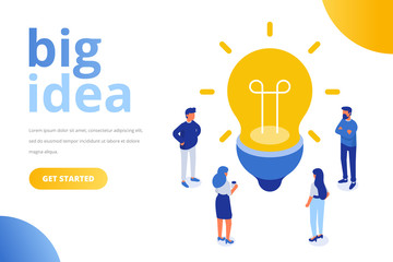 Canvas Print - isometric people-3 upIsometric business people with big Light Bulb Idea. People standing near huge Bulb. Isometric Vector illustration.	-02