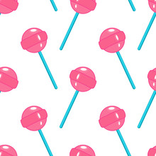Seamless Pattern With Pink Round Lollipops Isolated On White Background. Cartoon Retro Style Sweet Candy Vector Wallpaper.