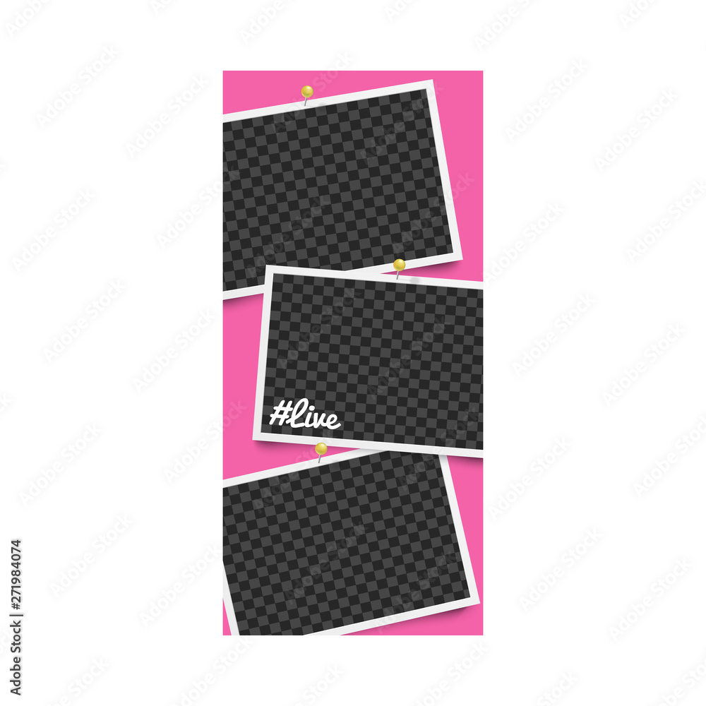 Realistic template and photo frames for stories with hashtag live and pins on pink background. - obrazy, fototapety, plakaty 