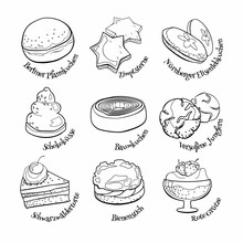 Collection Of Traditional German Desserts. Hand Drawn Sketch In Doodle Style.