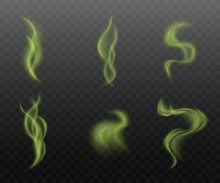 Set Of Green Smoke Clouds On Transparent Background, Realistic Vapor Steam Collection In Curvy Motion Shapes