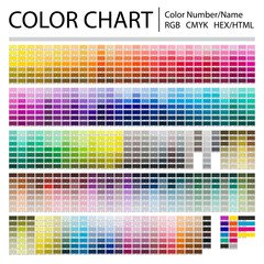 color chart. print test page. color numbers or names. rgb, cmyk, pantone, hex html codes. vector col