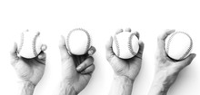 Baseball Sport Concept With Hand Holding Ball In Different Positions.  Athlete And Balls Closeup Isolated On White Background.