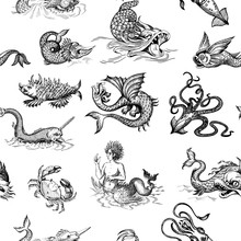 Mythological Vintage Sea Monster. Monochrome Hand Drawn Sketch. Vector Seamless Pattern For Boy. Detail Of The Old Geographical Maps Of Sea.