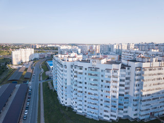 City downtown horizon in sunny morning, aerial view.