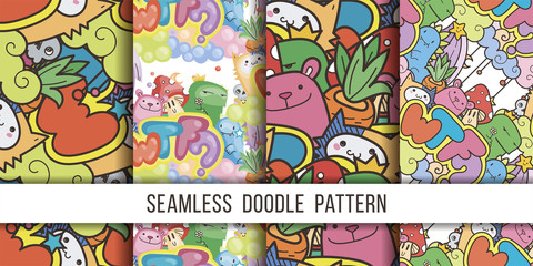 Collection of seamless vector patterns with cute cartoon monsters and beasts. Nice for packaging, wrapping paper, coloring pages, wallpaper, fabric, fashion, home decor, prints etc