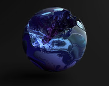 3d render of abstract earth planet with big damage in blue and purple colors on dark grey background