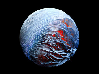 Wall Mural - 3d render of abstract white waves planet with red glowing core inside on black background - Illustration
