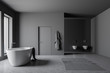 Dark gray bathroom with tub and toilets