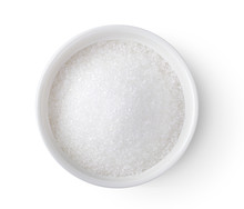 Bowl Of White Sugar Isolated On White Background, Top View