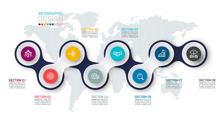 Wall Mural - Circle linked with business icon infographics on world map background.