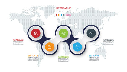 Wall Mural - Circle linked with business icon infographics on world map background.