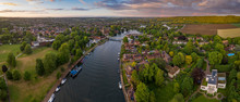 Dramatic Aerial Panoramic View Of The Beautiful Town Of Marlow In Buckinghamshire UK, Captured After A Rain Storm, With A Rainbow On The Horizon