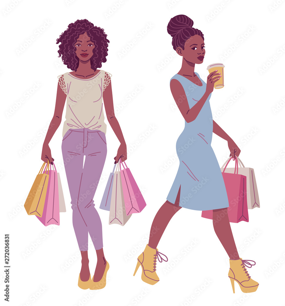 Fashion illustration. Beautiful black african american women with shopping  bags wearing elegant classic outfits. Vector drawing isolated on white  background. Stock Vector | Adobe Stock, image size:929x1000