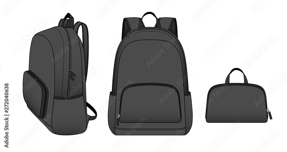 Dark gray foldable backpack with front zippered pocket and side pockets, outdoor folding storage package, vector illustration sketch template