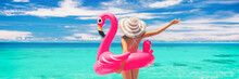 Happy Summer Vacation Fun Woman Tourist Enjoying Travel Holidays On Beach Banner Background Ready For Swimming Pool With Flamingo Float - Funny Holiday Concept.