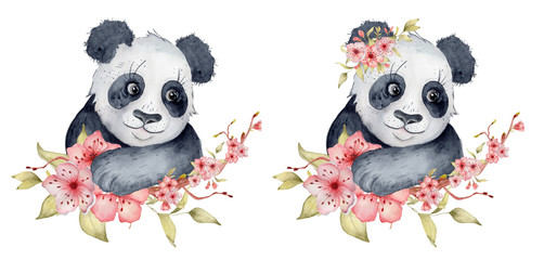 Canvas Print - Watercolor panda bear illustration with sakura flowers decor Cute animal