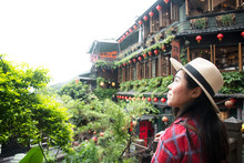 Tourist Woman Is Sightseeing In Local Landmarked Jiufen Old Town In Taiwan.