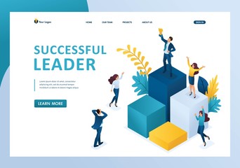 Wall Mural - isometric successful leader on the podium with a prize, the team enjoys success. template landing pa