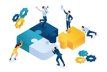 Wall Mural - isometric people connecting puzzle elements. symbol of teamwork. concept for web design