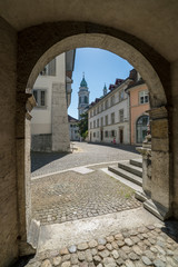 Sticker - historic old town in the Swiss city of Solothurn with a view of the Rathausplatz and the cathedral behind