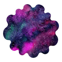 Wall Mural - Colorful cosmic, cosmos, space watercolor background isolated on white. Watercolour galaxy, universe, night sky with stars. Uneven round shape with curved wavy deformed edge. Aquarelle stains texture.