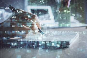 multi exposure of woman's hands on background with technology and digital coding icons. data develop