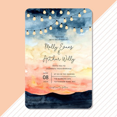 wedding invitation with string light and landscape watercolor background