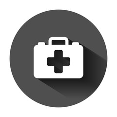 Wall Mural - First aid kit icon in flat style. Health, help and medical diagnostics vector illustration on black round background with long shadow. Doctor bag business concept.