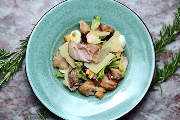 Canvas Print - salad with fried bacon, parmesan, cherry tomatoes and crackers