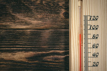 Bath Thermometer On A Wooden Wall Background With Copy Space.