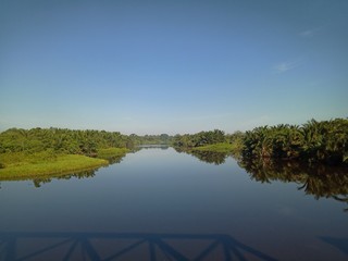 Beautiful natural scenery of river in southeast Asia tropical green forest with sky in the morning, photo from the bridge