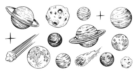 set of space objects: planets, stars. hand drawn vector